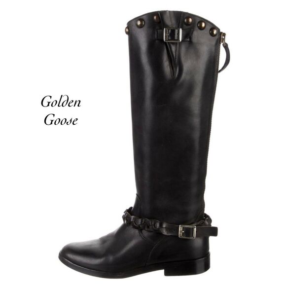 Golden Goose Deluxe Black Studded Buckle Strap Knee High Riding Boots Size 37 - Picture 1 of 12